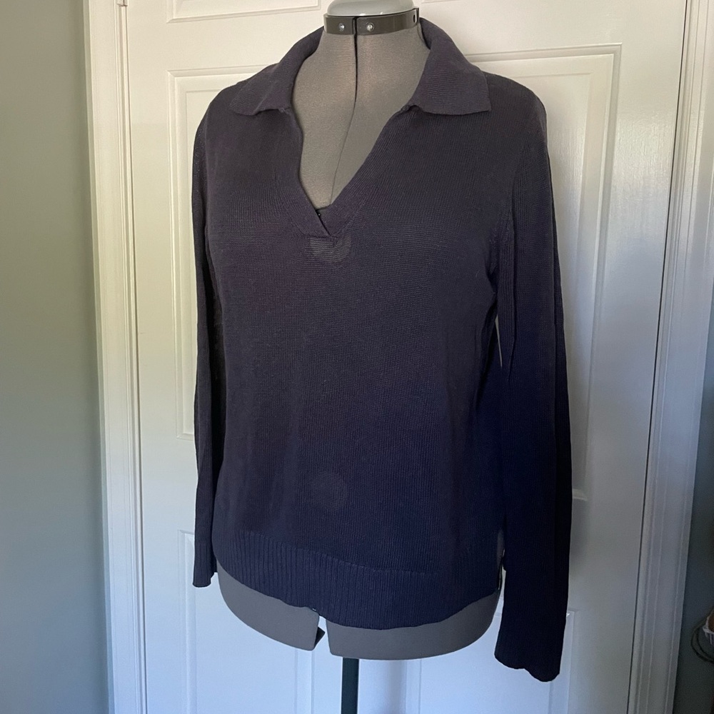 Halston Heritage Charcoal Knit Johnny Collar Top L